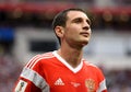 Russian midfielder Alan Dzagoev moments after he suffered an injury in the opening match of FIFA World Cup 2018 Russia vs Saudi A