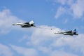 Russian MiG-29 multirole fighter jet and NATO-Fulcrum MiG-35 fighter jet demonstrate aerial refueling over airfield of Gromov Royalty Free Stock Photo