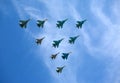 Russian military aircraft fighters in flight against blue sky Royalty Free Stock Photo