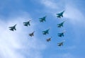 Russian military aircraft fighters in flight against blue sky Royalty Free Stock Photo