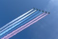 Russian military aircrafts fly in formation over Moscow during Victory Day parade, Russia Royalty Free Stock Photo