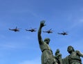 Russian military aircrafts fly in formation over Moscow during Victory Day parade, Russia. Victory Day (WWII) Royalty Free Stock Photo