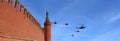 Russian military aircrafts fly in formation over Moscow during Victory Day parade, Russia. Victory Day (WWII) Royalty Free Stock Photo