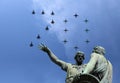 Russian military aircrafts fly in formation over Moscow during Victory Day parade, Russia. Victory Day (WWII) Royalty Free Stock Photo