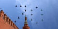 Russian military aircrafts fly in formation over Moscow during Victory Day parade, Russia. Victory Day (WWII) Royalty Free Stock Photo