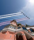 Russian military aircrafts fly in formation over MoscowSaint Basil cathedral during Victory Day parade, Russia Royalty Free Stock Photo