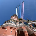 Russian military aircrafts fly in formation over MoscowSaint Basil cathedral during Victory Day parade, Russia Royalty Free Stock Photo