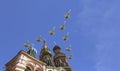 Russian military aircrafts fly in formation over MoscowSaint Basil cathedral during Victory Day parade, Russia Royalty Free Stock Photo