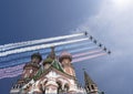 Russian military aircrafts fly in formation over MoscowSaint Basil cathedral during Victory Day parade, Russia