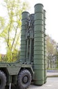 Russian military equipment close-up. In the city. Peaceful time. Anti-aircraft gun S-300