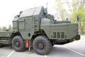 Russian military equipment close-up. In the city. Peaceful time. Anti-aircraft gun S-300. Driver`s cab