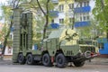 Russian military equipment close-up. In the city. Peaceful time. Anti-aircraft gun S-300