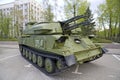 Russian military equipment close-up. In the city. Peaceful time. Anti-aircraft system