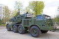 Russian military equipment close-up. In the city. Peaceful time. The system of volley fire `Hurricane`