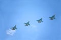 Russian military supersonic fighters bombers SU-34 Fullback flights against the blue sky
