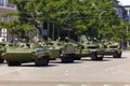 Russian military vehicles on the city street. Russian modern military tank, infantry fighting vehicle BMP and armored personnel