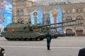 Russian 152-mm self-propelled howitzer brigade `Coalition-SV` at the rehearsal of the military parade in honor of Victory Day on M