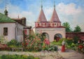 Russian monastery in Suzdal, sunny summer day, oil painting Royalty Free Stock Photo