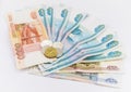 Russian money background. Ruble banknotes and Royalty Free Stock Photo