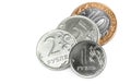 Russian money, metal coins, one ruble on