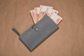 Russian money in a wallet. Women`s wallet with Russian rubles. Russian money bills in a gray wallet Royalty Free Stock Photo