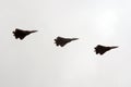 Russian multi-purpose fighters of the fifth generation Su-57 in the sky over Moscow`s Red Square during the Victory Air Parade Royalty Free Stock Photo