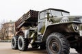 Russian multiple rocket launcher mounted on a soviet military truck