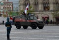 Russian multipurpose armored car `Tiger` military police at a rehearsal parade in honor of Victory day
