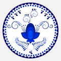 Russian national circular ornament. Blue floral pattern in Gzhel style applied to the ceramic plate. Royalty Free Stock Photo