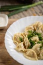 Russian National food. Close up view of traditional belorussian meal. Dumplings in white plate with green and sour. Food concept