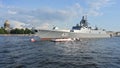 Russian Navy frigate Admiral Kasatonov on Neva river in the centre of St. Petersburg, Russia, 20 July 2019