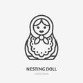 Russian nesting doll flat line icon. Vector thin sign of happy babushka, matrioshka logo. Russia traditional toy outline