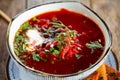 Russian nnational cuisine red beetroot soup borsch Royalty Free Stock Photo