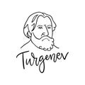 Russian novelist, short story writer, poet, playwright Ivan Turgenev line vector portrait with ink contours isolated on