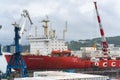 Russian nuclear-powered icebreaking lighter aboard ship carrier, container ship Sevmorput anchored in container terminal