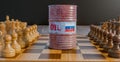 Russian oil, oil barrel background, Russia flag on barrel with Barbed Wire, sanctions on Russian oil. oil barrel on the chessboard