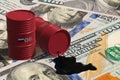 Russian Oil spilling from oil barrels on US dollars