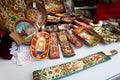 Russian old style wooden dishwear in souvenir shop Royalty Free Stock Photo