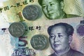 Russian one ruble coins and yuan banknotes Royalty Free Stock Photo