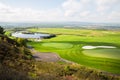 Russian open space. field, forest, sky, road. golf course top view Royalty Free Stock Photo