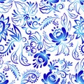 Russian ornaments art style gzhel blue flower traditional folk bloom branch seamless pattern background vector Royalty Free Stock Photo