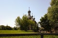Russian orthodox Church of the Intercession among typical rural landscape in Pokrovo-Gagarino village of Ryazan oblast, Russia. Royalty Free Stock Photo