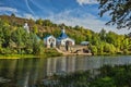 Russian Orthodox Church on the shore of a pond Royalty Free Stock Photo