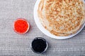 Russian pancakes - blini with red and black caviar Royalty Free Stock Photo