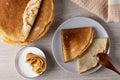 Russian pancakes or blini with sour cream . Top view. Pancake week. Shrovetide