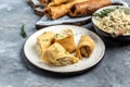 Russian pancakes with meat. traditional maslenitsa meal. Homemade filled by chicken meat crepe rolls. banner, menu recipe place