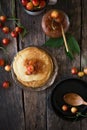 Russian Pancakes. Stack of pancakes. Breakfast. Sweet Pancakes. Stack of pancakes topped .Tasty Pancakes. Royalty Free Stock Photo