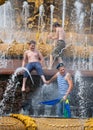 Russian paratrooper demobilized playing with two boys