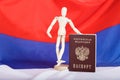 Russian pass and wooden dummy figurine on Russian flag. Royalty Free Stock Photo