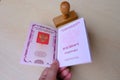 Russian passport in hand foreign International biometric passports of citizen of Russian Federation with red cover, stamp. Stop Royalty Free Stock Photo